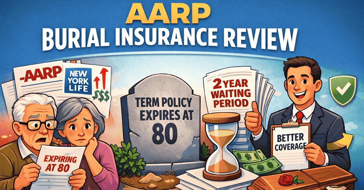 An elderly couple looking at their life insurance policy expiring at age 80